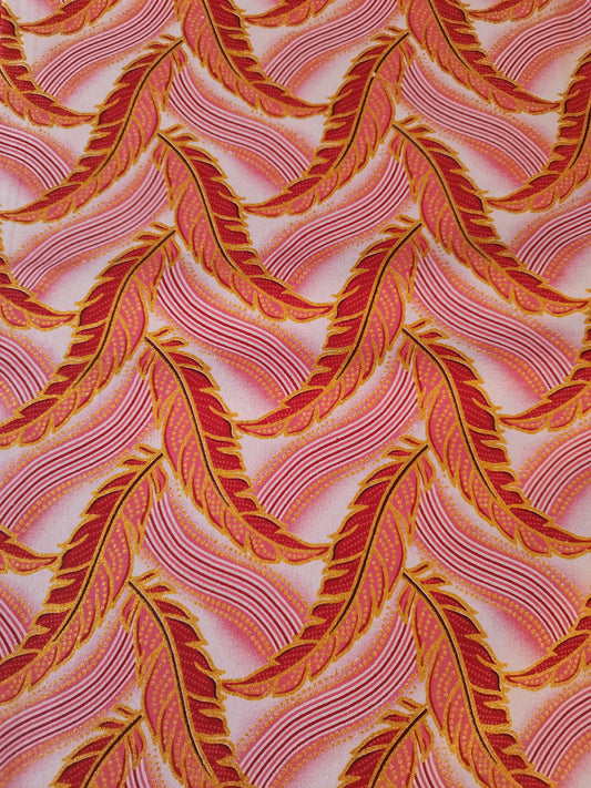 1 yard (90 cm) - Tissu wax pailleté - plumes rouges, oranges, roses dorées