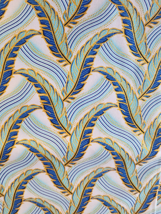 6 yards (5m40) - tissu wax pailleté plumes bleues et dorées