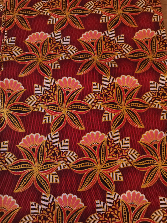 1 yard (90 cm) - Tissu wax pailleté - petites fleurs corail et dorées fond rouge