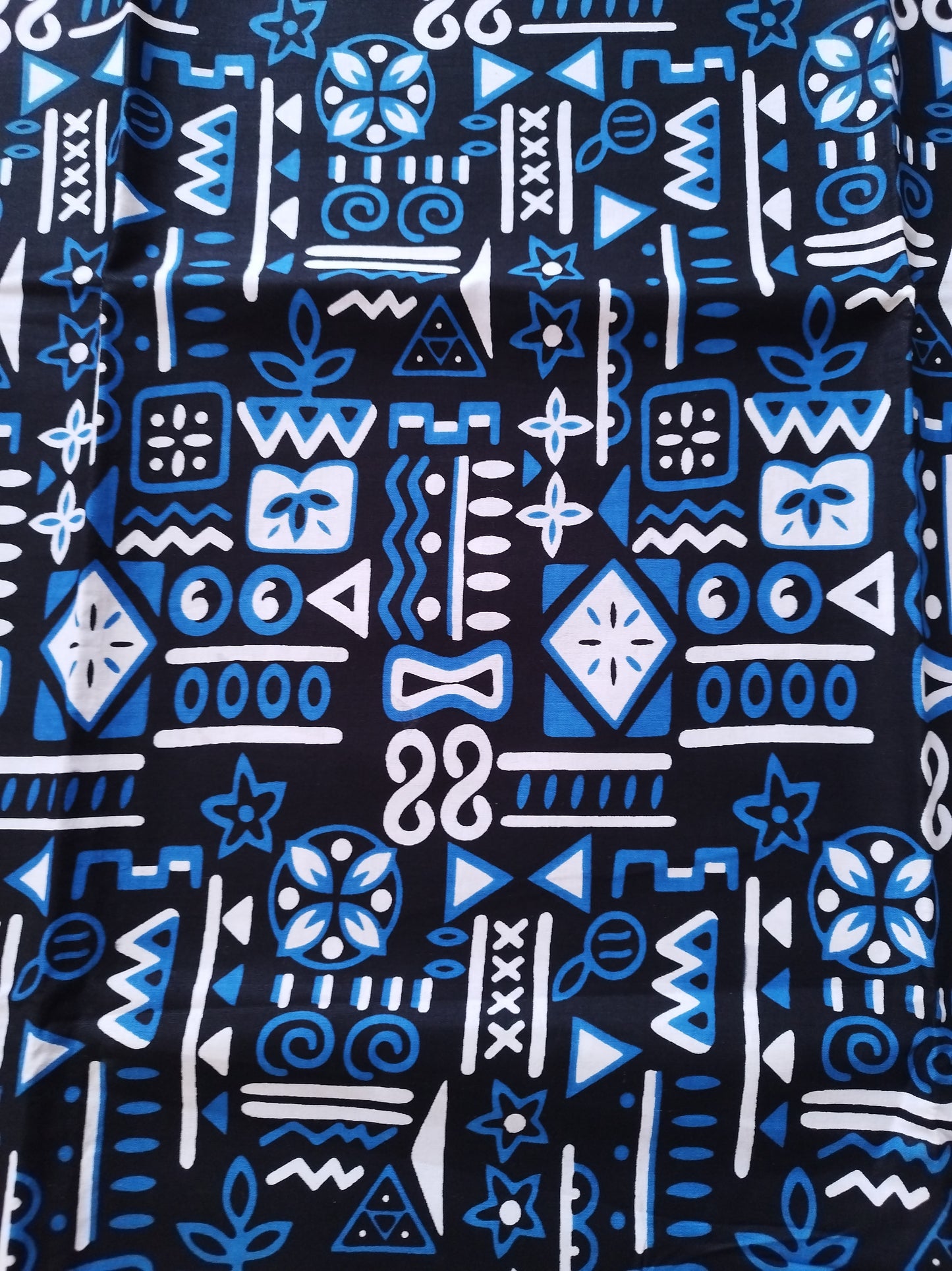 1 yard (90 cm) - Tissu wax - impression façon bogolan bleu, blanc, noir