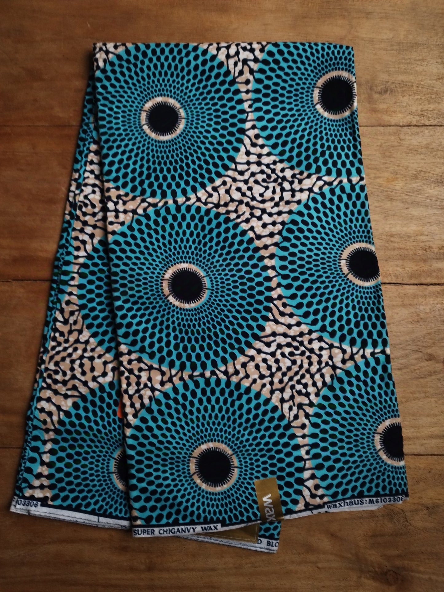 1 yard (90 cm) - Tissu wax - grands disques turquoises fond beige