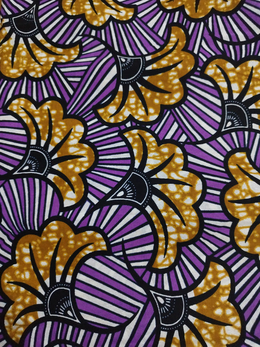 1 yard (90 cm) - Tissu wax - fleurs de mariage marron sur fond parme