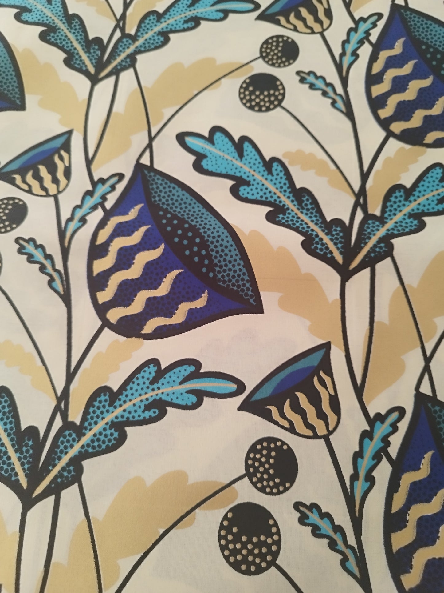 1 yard (90 cm) - Tissu wax java - fleurs bleues, vert canard aux détails dorés