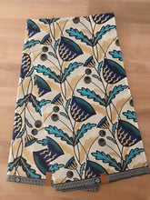 Charger l'image dans la galerie, Tissu wax java - fleurs bleues, vert canard aux détails dorés - par 50 centimètres