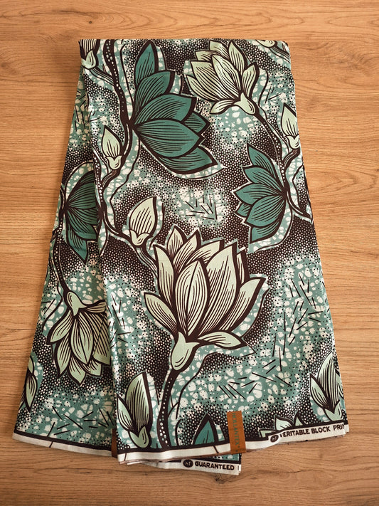 1 yard (90 cm) - Tissu wax feuilles vert canard