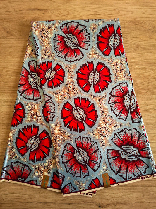 1 yard (90 cm) - Tissu wax java petites fleurs rouges et détails argentés