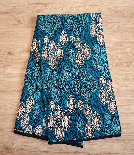 1 yard (90 cm) - Tissu wax petites feuilles beiges et bleues
