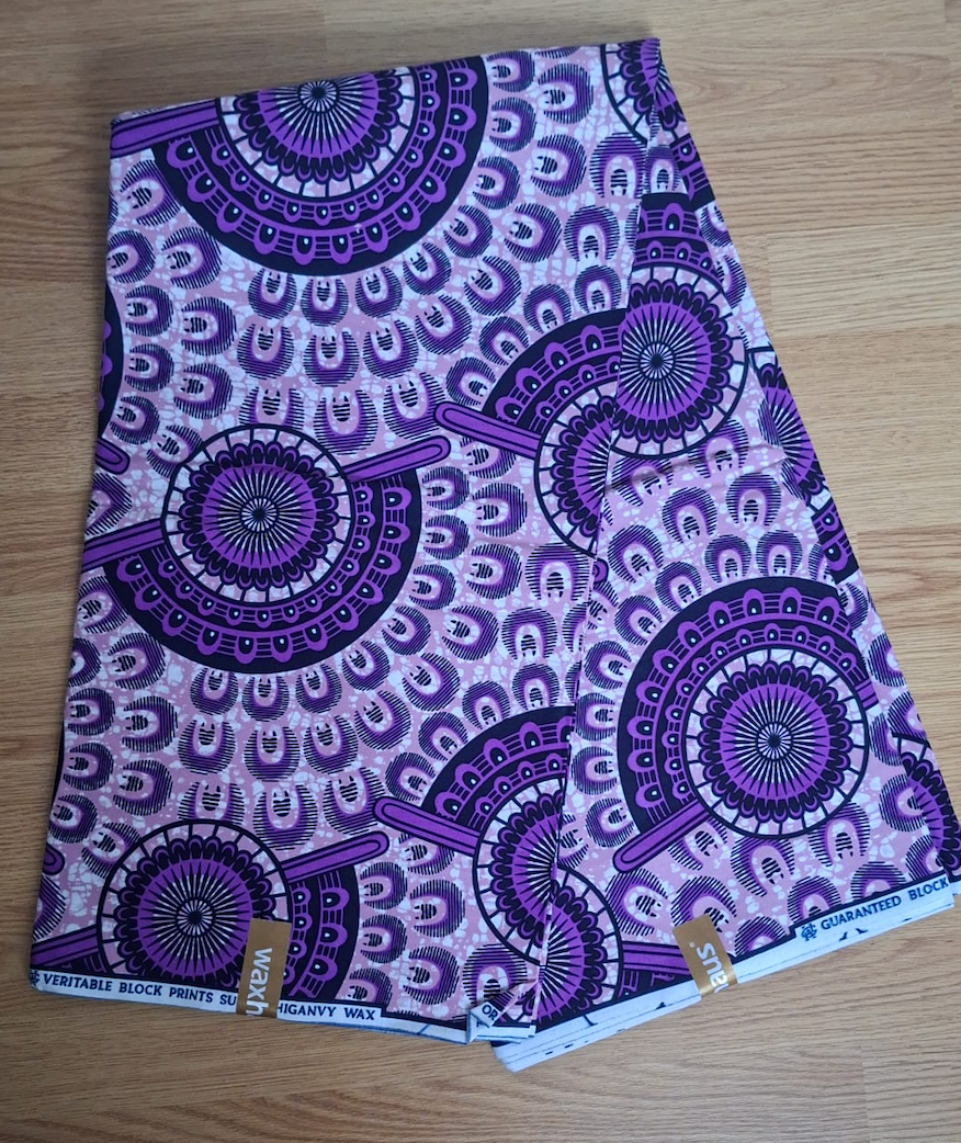 6 yards (5 mètres 40) - Tissu wax éventails roses et violets