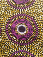 Charger l&#39;image dans la galerie, Tissu wax - grands disques violets fond kaki - par 50 centimètres
