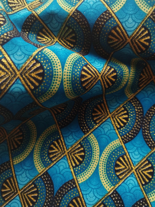 1 yard (90 cm) - Tissu wax pailleté - losanges bleus et or