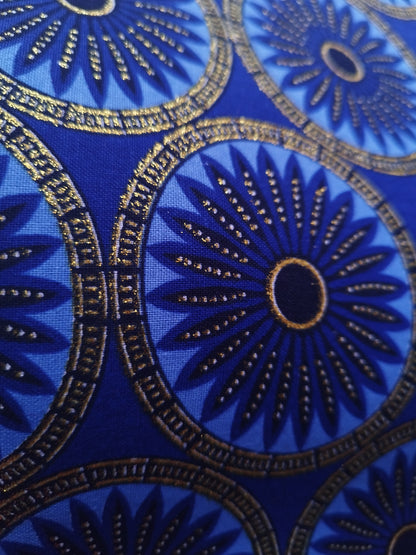 1 yard (90 cm) - Tissu wax pailleté - rosaces bleues nuit et dorées