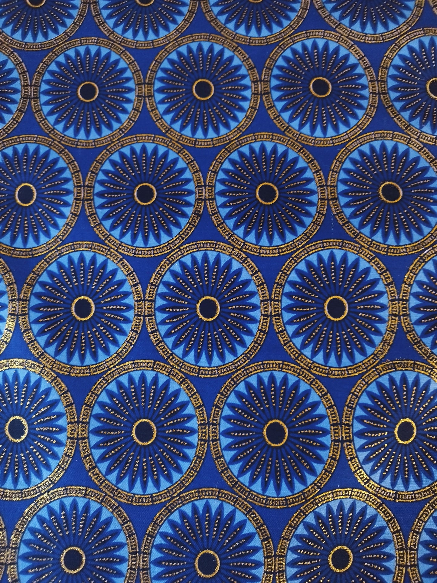 1 yard (90 cm) - Tissu wax pailleté - rosaces bleues nuit et dorées