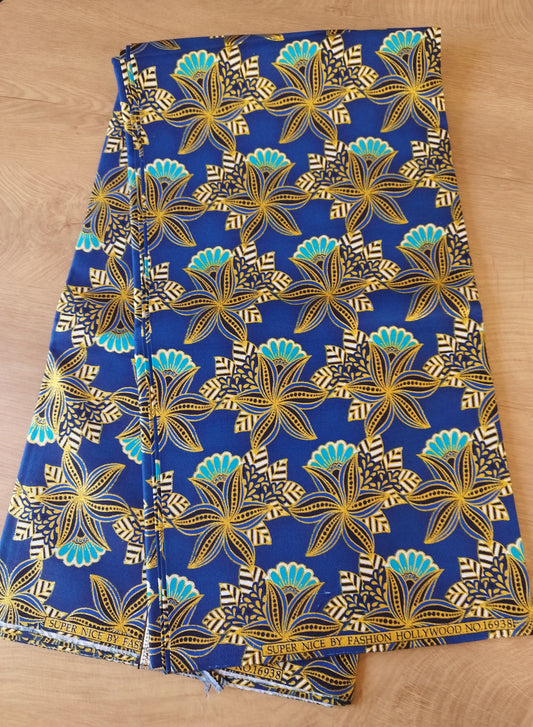 1 yard ( 90 cm) - Tissu wax pailleté - fleurs fond bleu roi et doré