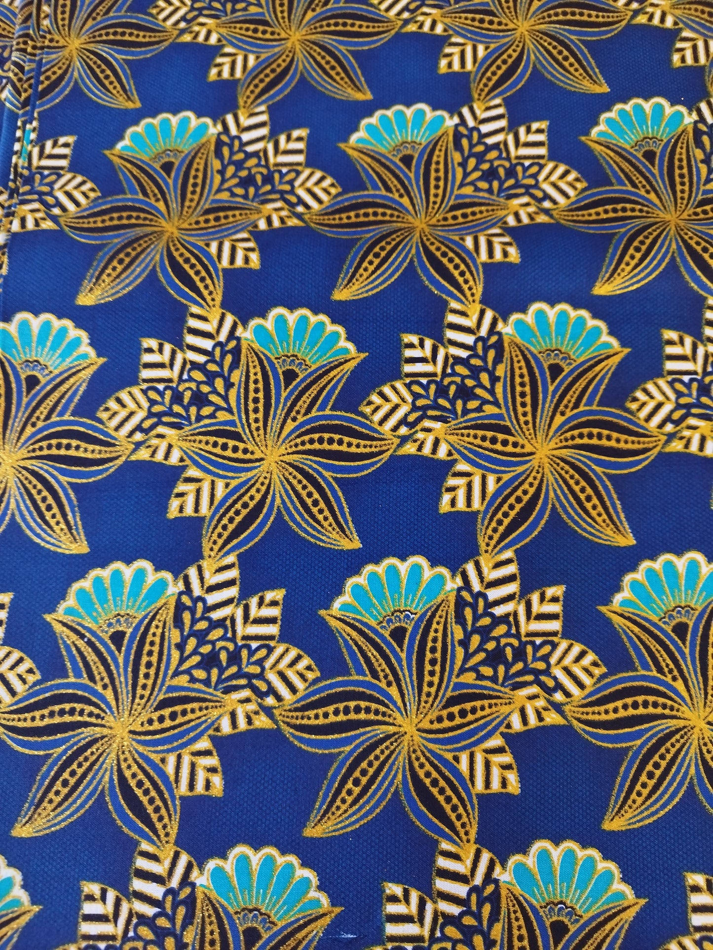 1 yard ( 90 cm) - Tissu wax pailleté - fleurs fond bleu roi et doré
