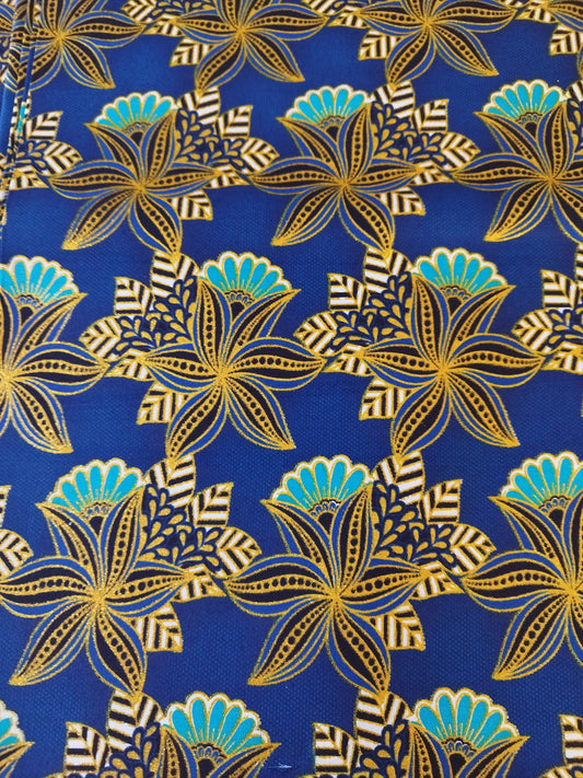 1 yard ( 90 cm) - Tissu wax pailleté - fleurs fond bleu roi et doré