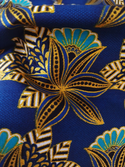 1 yard ( 90 cm) - Tissu wax pailleté - fleurs fond bleu roi et doré