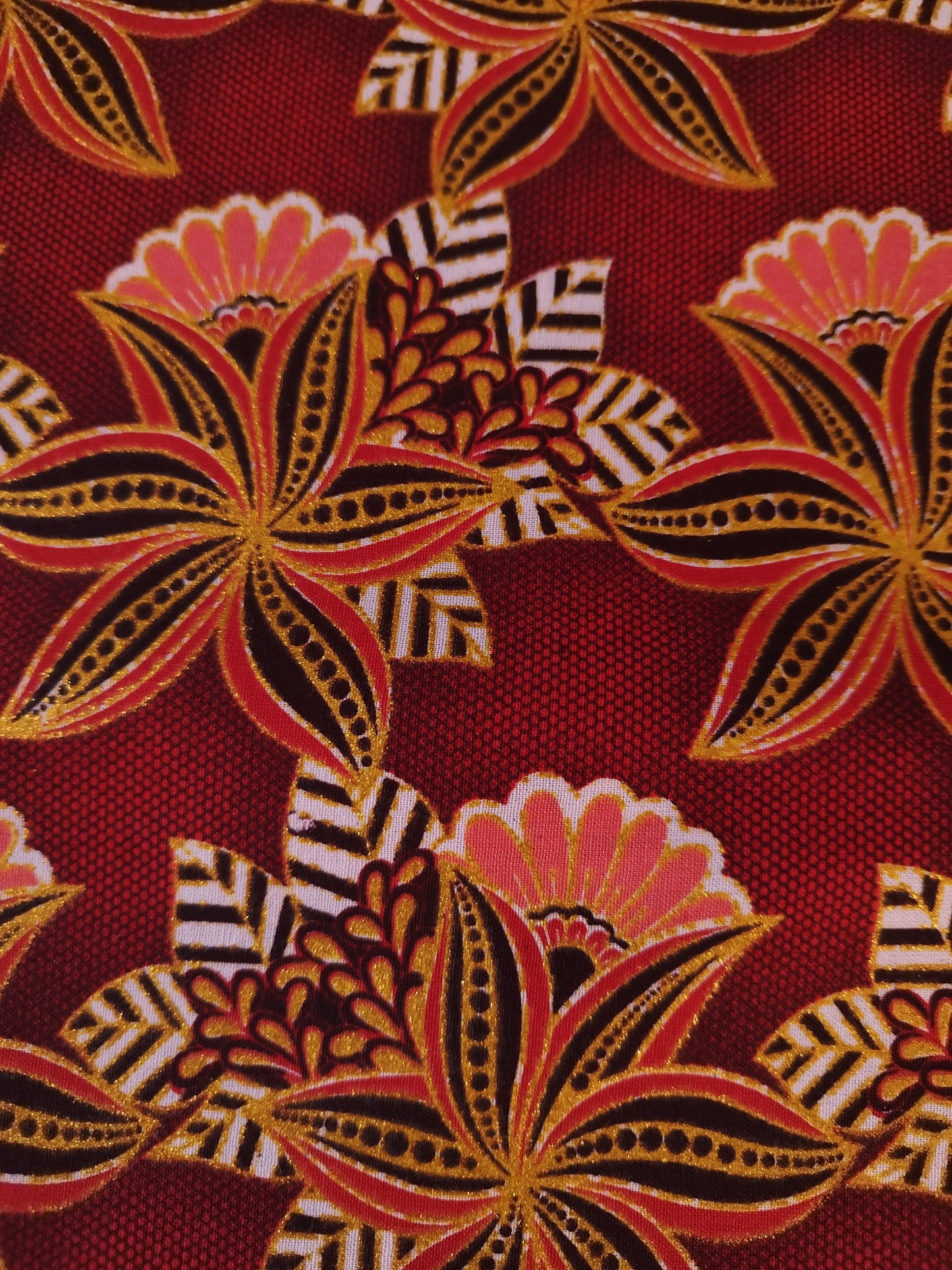 1 yard (90 cm) - Tissu wax pailleté - petites fleurs corail et dorées fond rouge