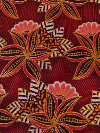 1 yard (90 cm) - Tissu wax pailleté - petites fleurs corail et dorées fond rouge