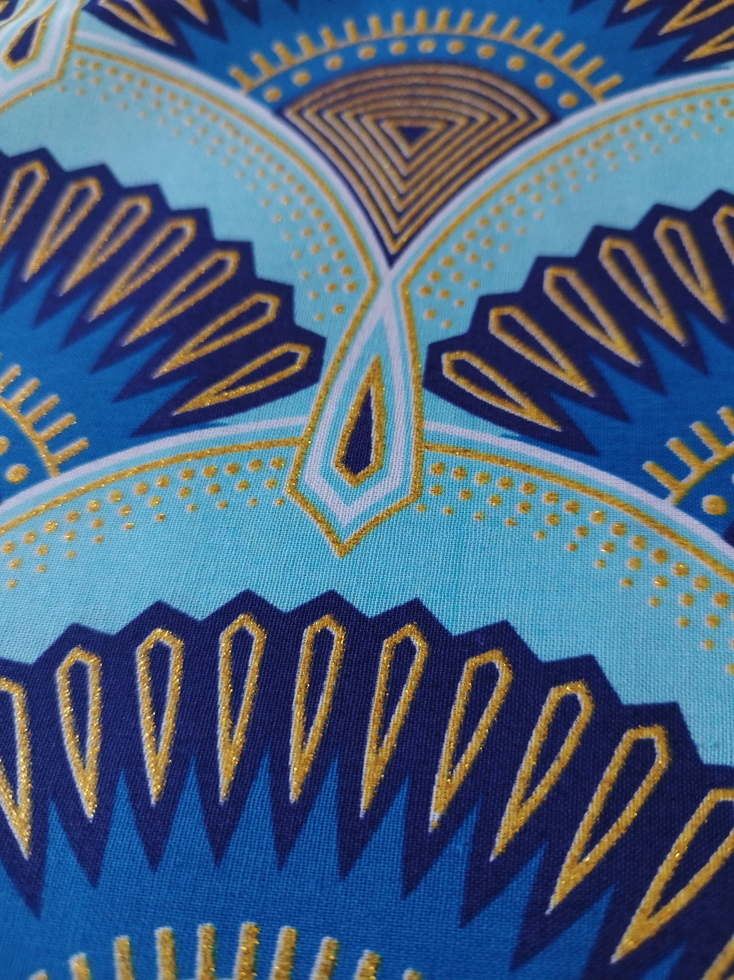 1 yard (90 cm) - Tissu wax pailleté - éventails bleus et dorés