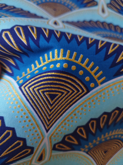 1 yard (90 cm) - Tissu wax pailleté - éventails bleus et dorés