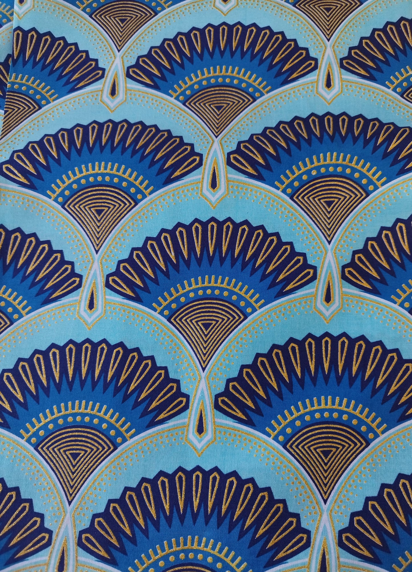 1 yard (90 cm) - Tissu wax pailleté - éventails bleus et dorés