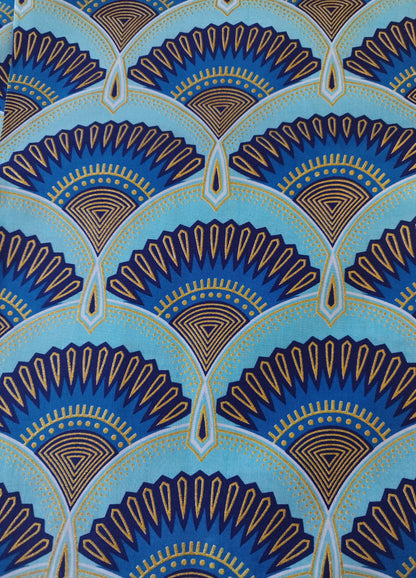 1 yard (90 cm) - Tissu wax pailleté - éventails bleus et dorés