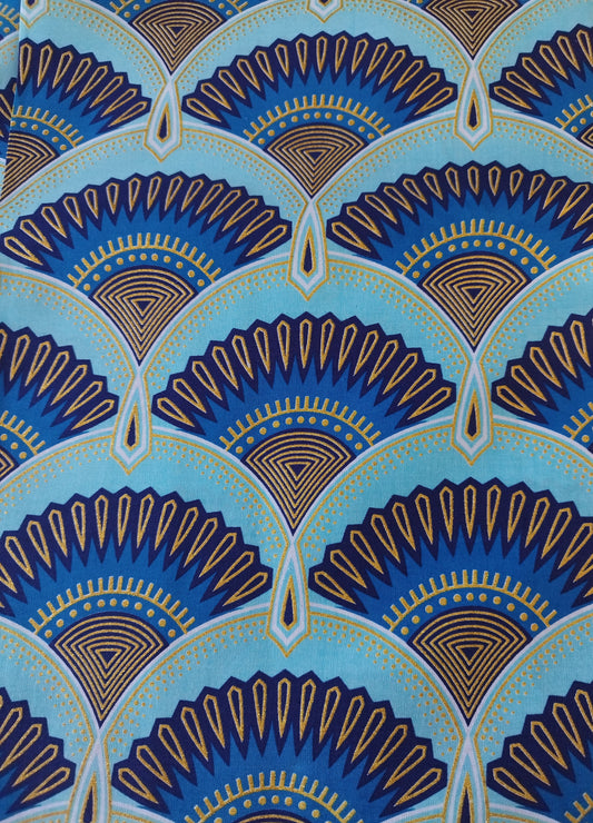 1 yard (90 cm) - Tissu wax pailleté - éventails bleus et dorés
