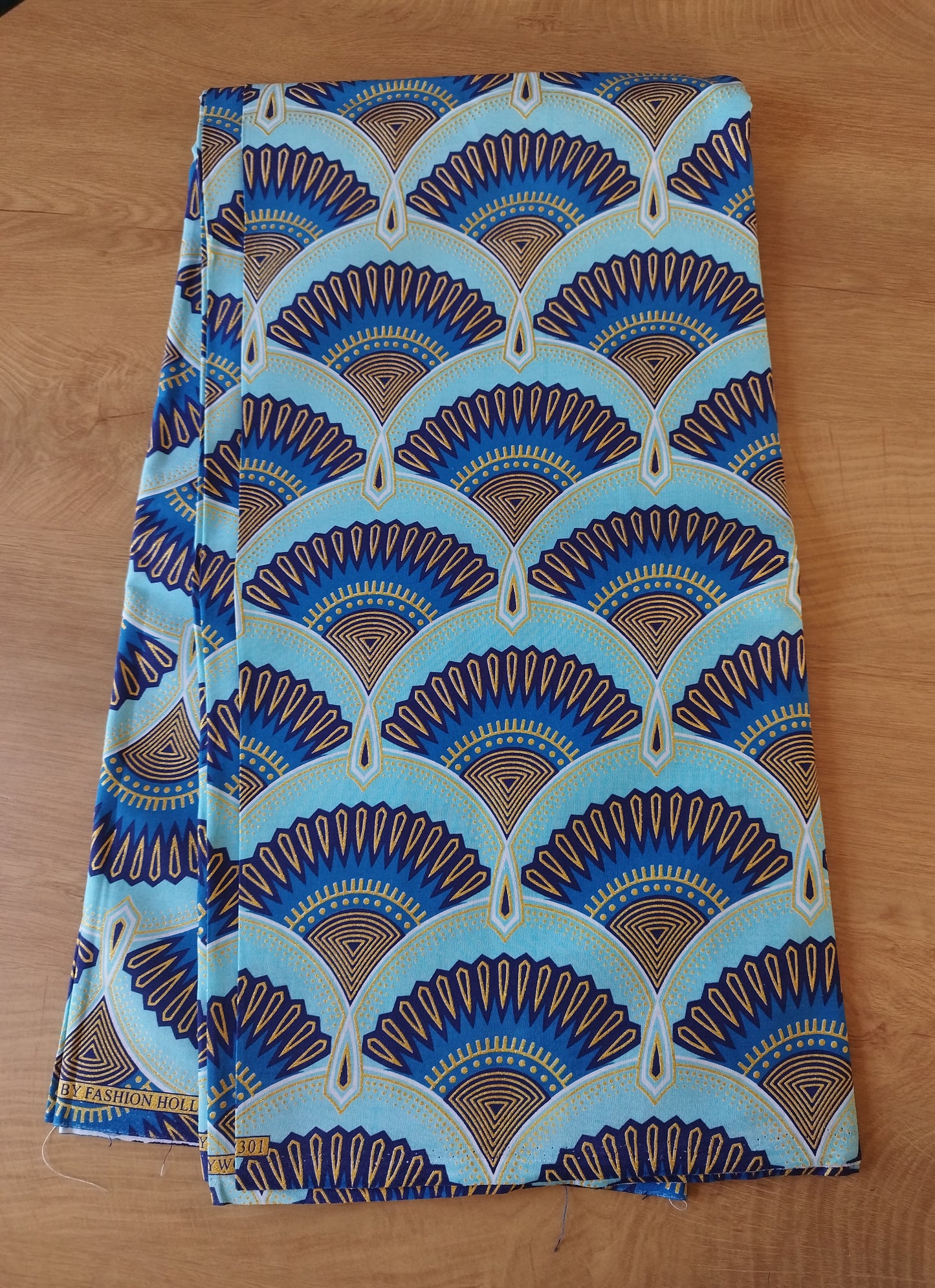 1 yard (90 cm) - Tissu wax pailleté - éventails bleus et dorés