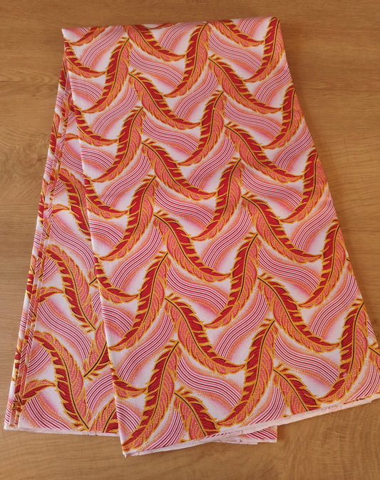 1 yard (90 cm) - Tissu wax pailleté - plumes rouges, oranges, roses dorées