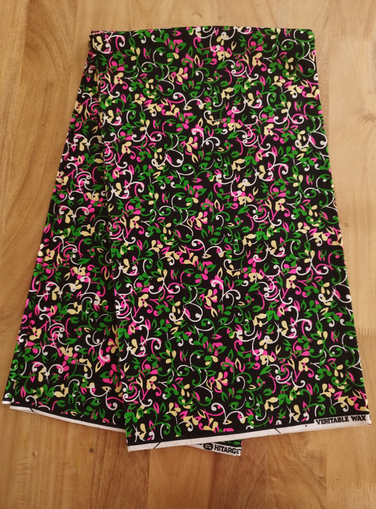1 yard (90 cm) - Tissu wax - petites fleurs roses, jaunes, vertes