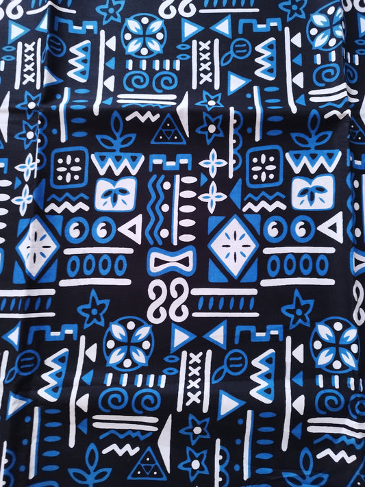 1 yard (90 cm) - Tissu wax - impression façon bogolan bleu, blanc, noir