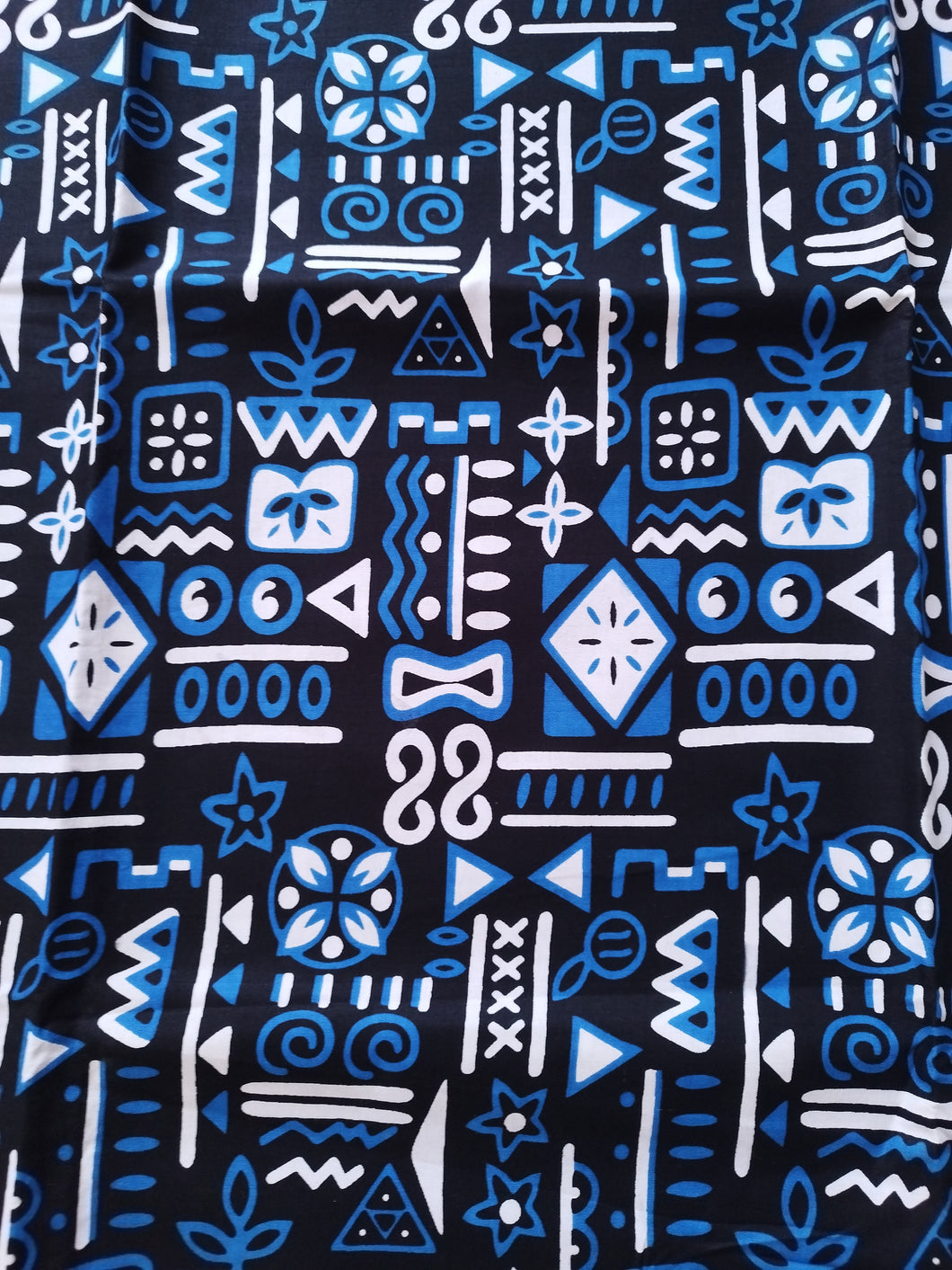 Tissu wax - impression façon bogolan bleu, blanc, noir - par 50 centimètres