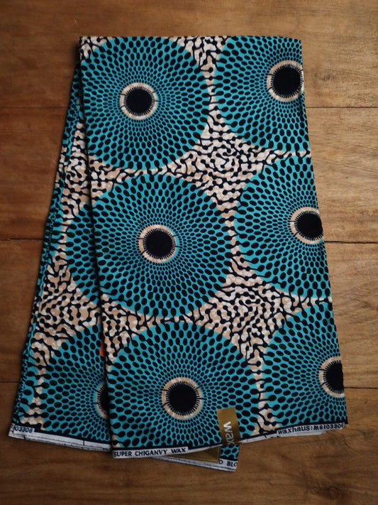 1 yard (90 cm) - Tissu wax - grands disques turquoises fond beige