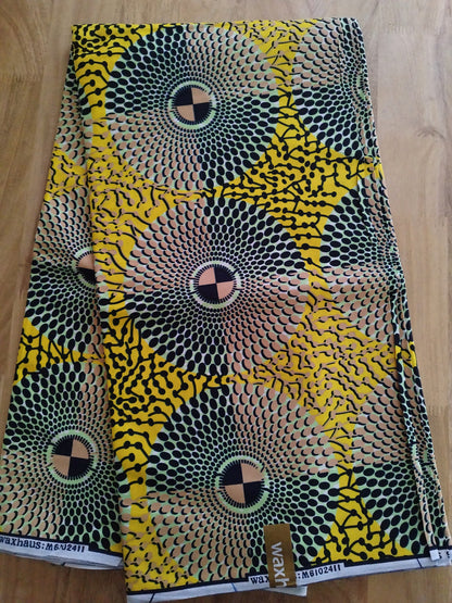 1 yard (90 cm) - Tissu wax - grands disques verts, jaunes et beige