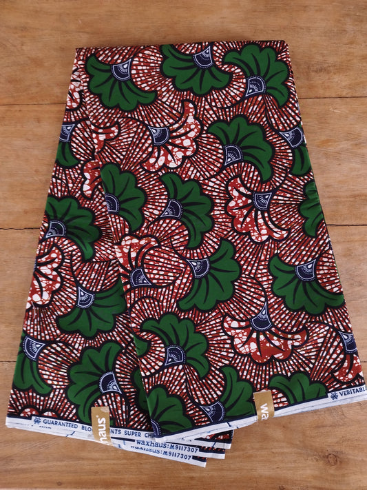 1 yard (90 cm) - Tissu wax - fleurs de mariage vertes et marrons