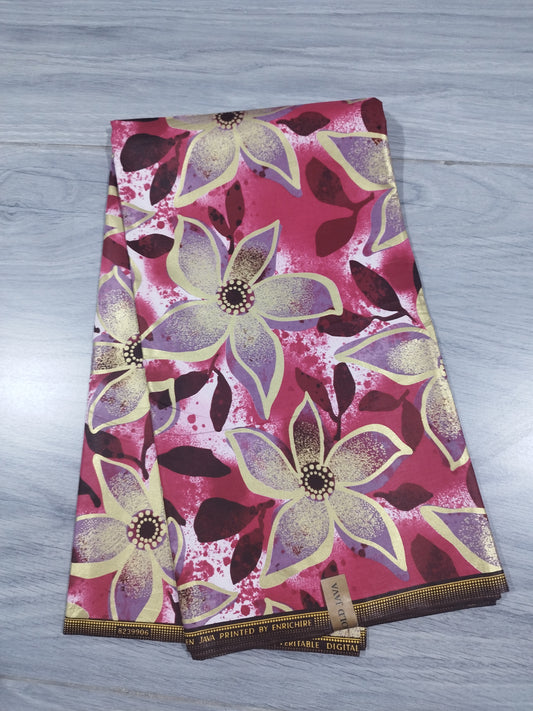 1 yard (90 cm) - Tissu wax java fleurs roses et parmes aux détails dorés