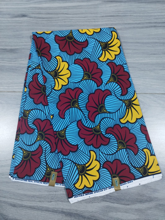 1 yard (90 cm) - Tissu wax fleurs de mariage rouges et jaunes sur fond bleu ciel