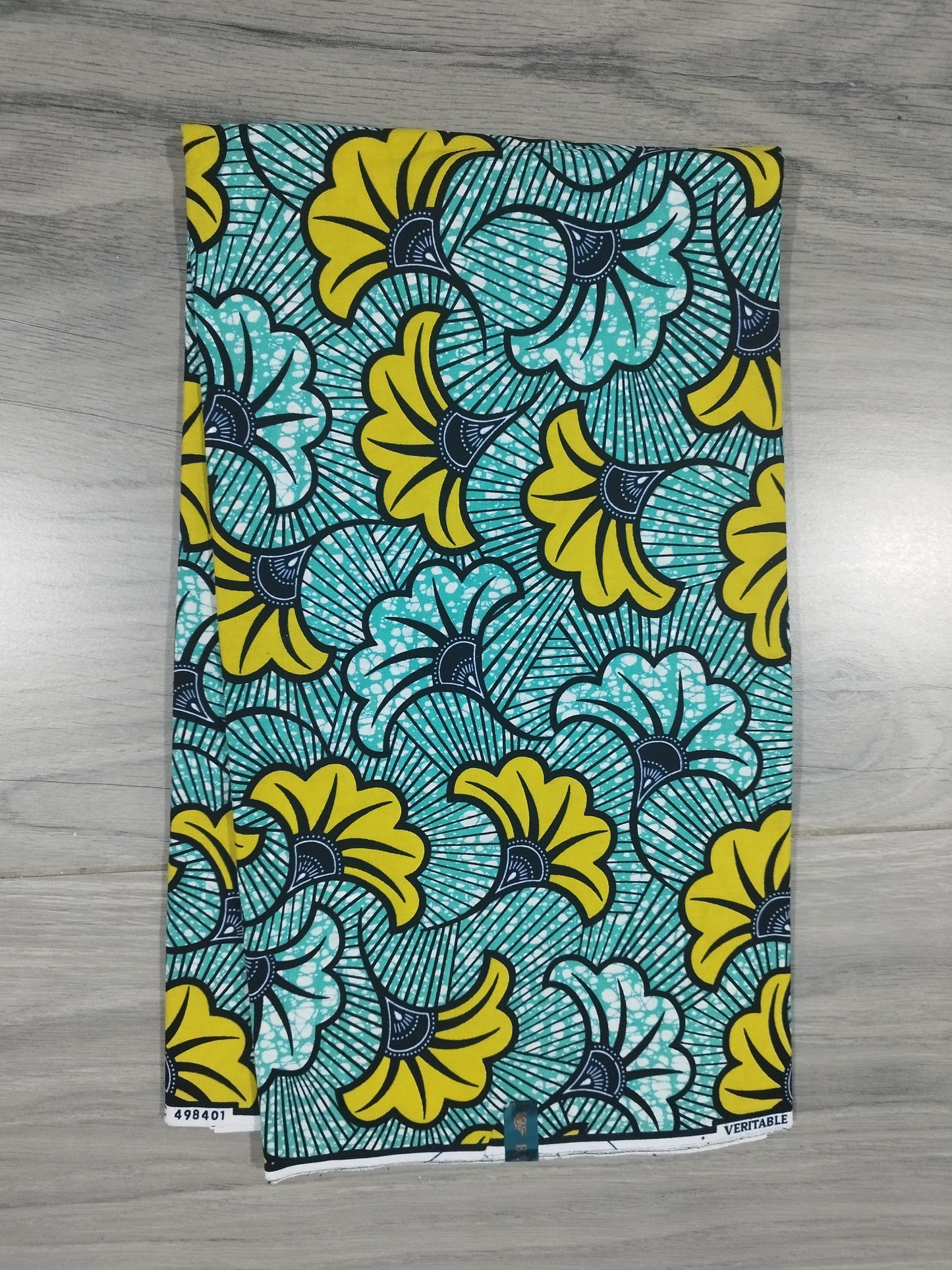 1 yard (90 cm) - Tissu wax - fleurs de mariage bleues turquoises et jaunes/kaki