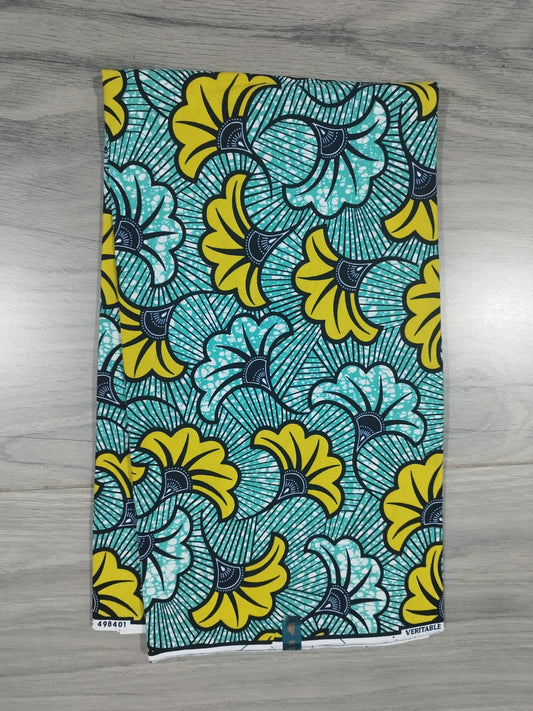 1 yard (90 cm) - Tissu wax - fleurs de mariage bleues turquoises et jaunes/kaki