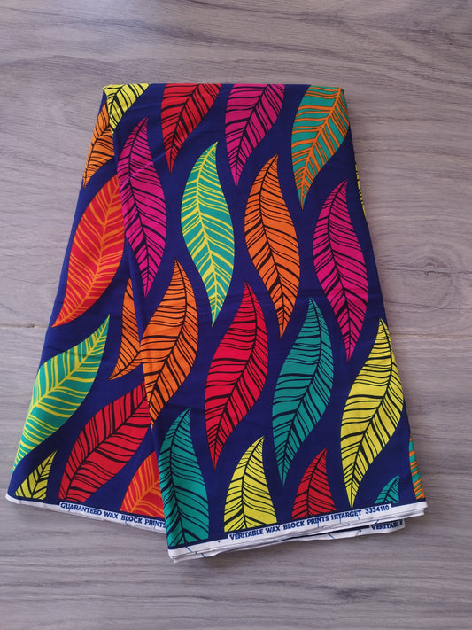 1 yard (90 cm) - Tissu wax motif feuilles multicolores fond bleu nuit