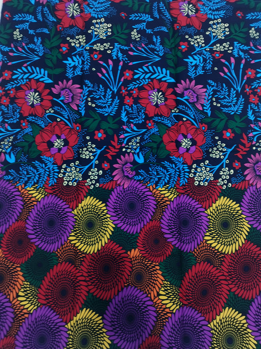 6 yards (5 mètres 40) Tissu wax - 2 motifs fleurs et rosaces multicolores