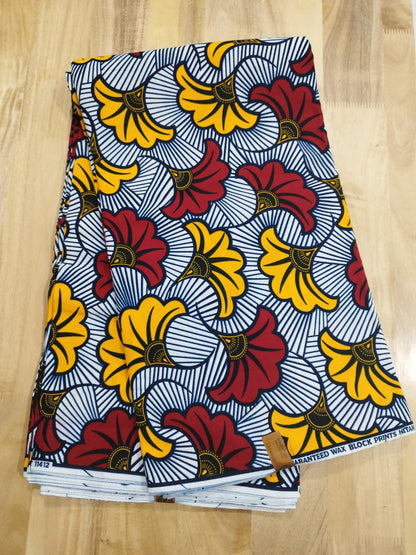 1 yard (90 cm) - Tissu wax - fleurs de mariage jaunes et rouges sur fond blanc
