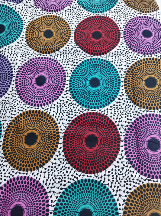 1 yard (90 cm) - Tissu wax - disques moyens multicolores
