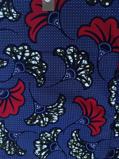 1 yard (90 cm) - Tissu wax - fleurs de mariage kakis et rouges fond bleu