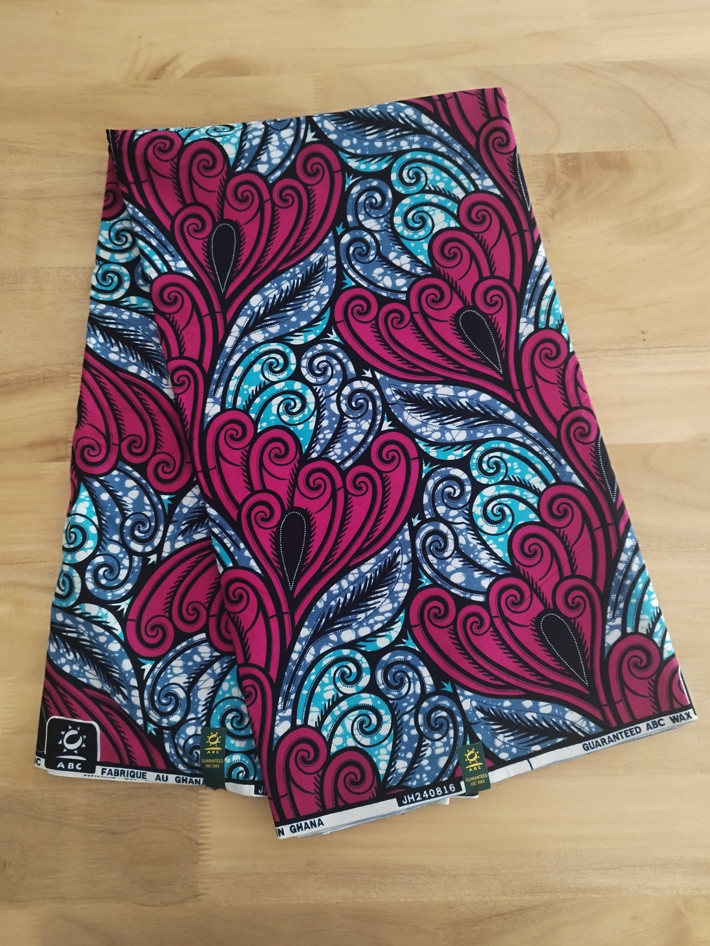 1 yard (90 cm) - Tissu wax - motifs fuschia et gris bleus