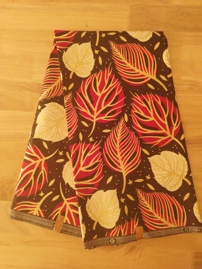 6 yards - Tissu wax java - feuilles rouges, noires, dorées