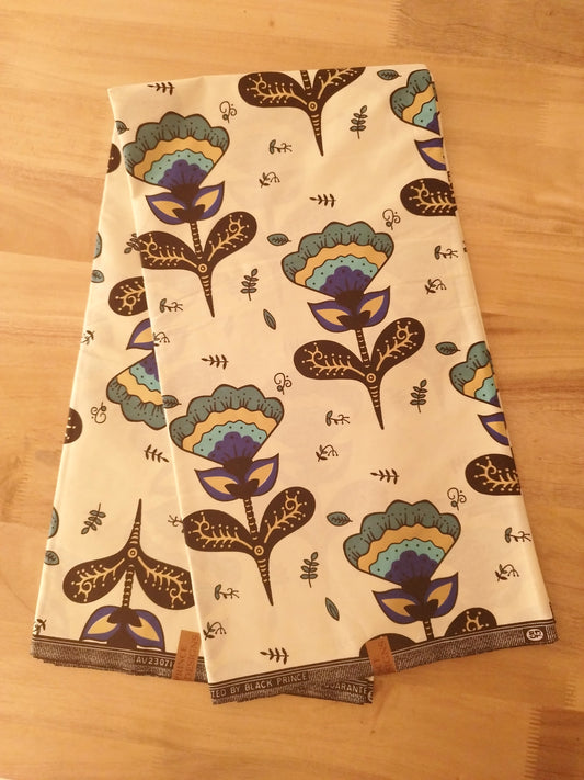 1 yard (90 cm) - Tissu wax java - petites fleurs vertes, bleues, violettes aux détails dorés