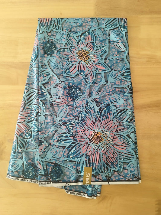 1 yard (90 cm) - Tissu wax java - fleurs roses et bleu irisé
