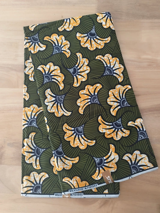 6 yards - Tissu wax - fleurs de mariage orange fond kaki