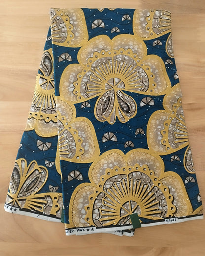 1 yard (90 cm) - Tissu java gold éventails dorés fond vert canard et strass